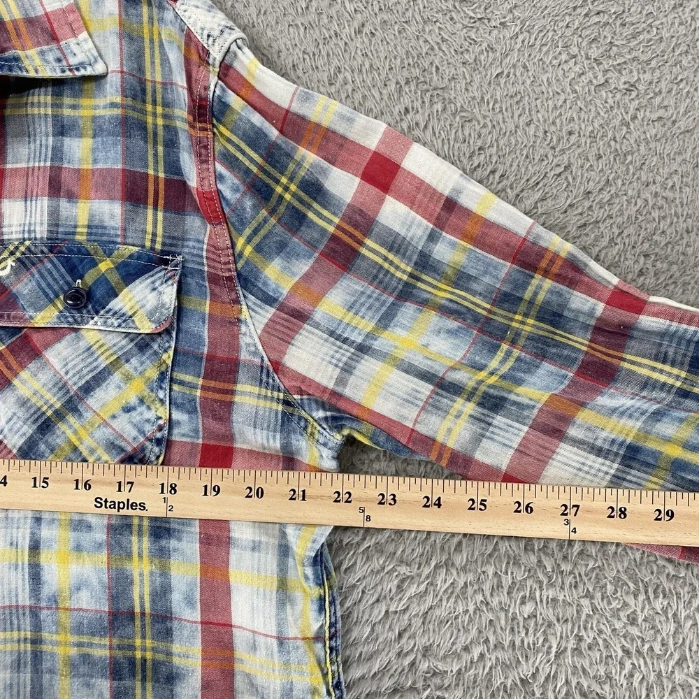 True Religion Western Plaid Shirt Mens XL Acid Wash Long Sleeve Button Up